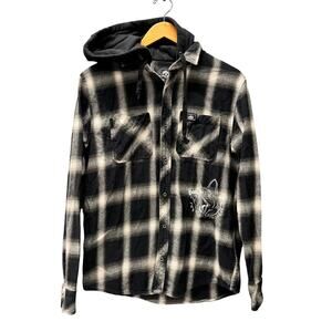 Lurking Class Flannel Shirt Hooded Black Plaid Hooded K9 Embroidered Button Up